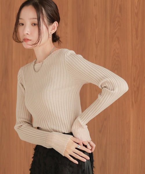 Bab(バブ)の「シアー使いリブニットトップス(ニット/セーター・レディース・アイボリー/ブラック/ブルー/B/A/ベージュ/C/D/E/チャコールグレー・FREE)」の4枚目の写真