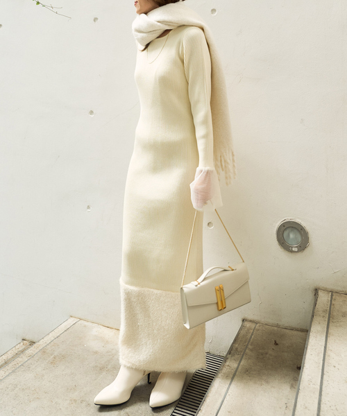 EMMA ROUGE VIF(エマルージュヴィフ)の「【一部店舗限定】リブボートネックヘムフェザーワンピ(ワンピース・レディース・ブラック/アイボリー・36/38)」の20枚目の写真