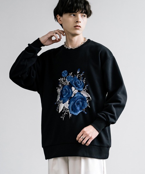 【セール】オーバーサイズ薔薇刺繍スウェットトレーナー（スウェット）｜Rocky Monroe（ロッキーモンロー）