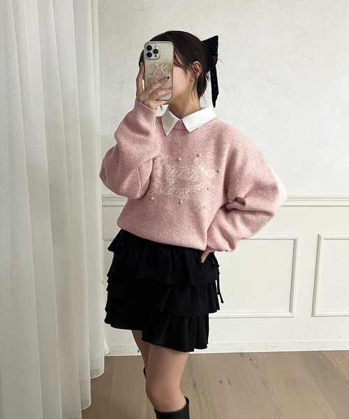 【美品】コーデ売り♡パールビジュー ツイードカーディガン＆プリーツオールインワン フェイクパールが華やか フェミニンニットカーディガン