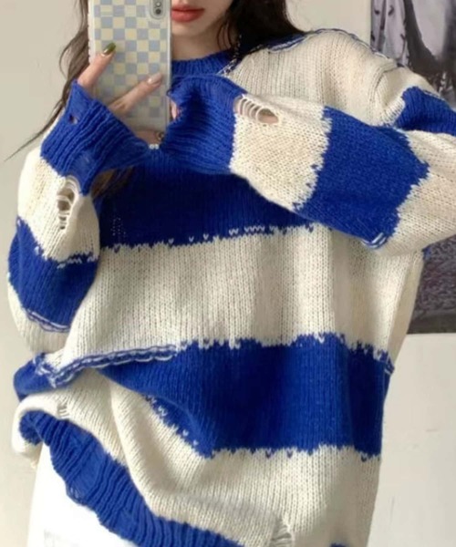MAISON DE THERESE(メゾン ド テレーズ)の「配色ボーダー ルーズシルエット ニット(ニット/セーター・レディース・ブルー/ブラック・FREE)」の2枚目の写真