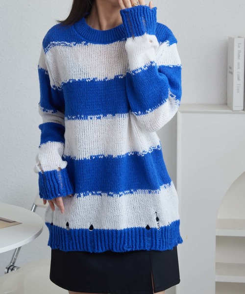 MAISON DE THERESE(メゾン ド テレーズ)の「配色ボーダー ルーズシルエット ニット(ニット/セーター・レディース・ブルー/ブラック・FREE)」の13枚目の写真