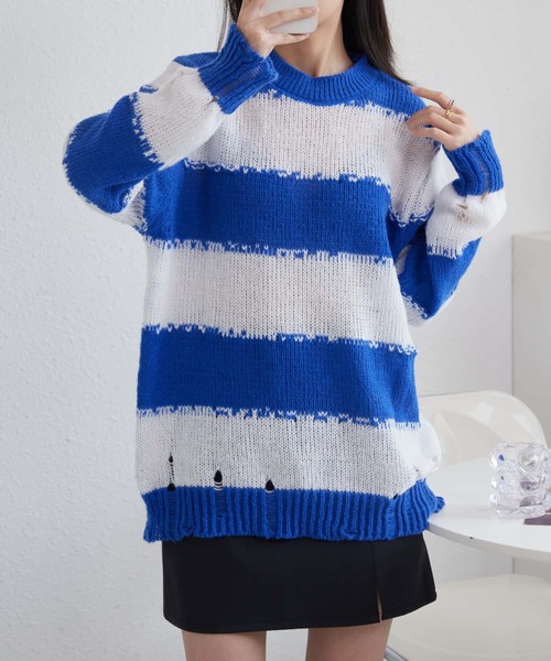 MAISON DE THERESE(メゾン ド テレーズ)の「配色ボーダー ルーズシルエット ニット(ニット/セーター・レディース・ブルー/ブラック・FREE)」の17枚目の写真