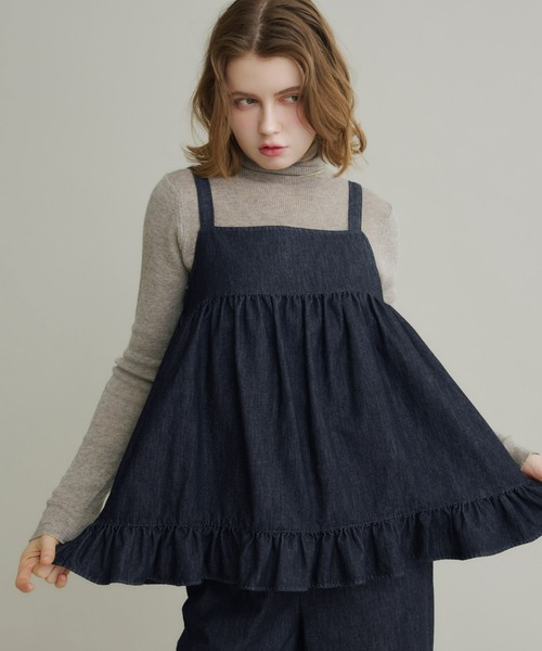 Olu.（オルドット）の「ギャザーフレアバックリボンデニムトップス[セットアップ可能]（Tシャツ/カットソー・レディース・ブラック/インディゴブルー・FREE）」の9枚目の写真