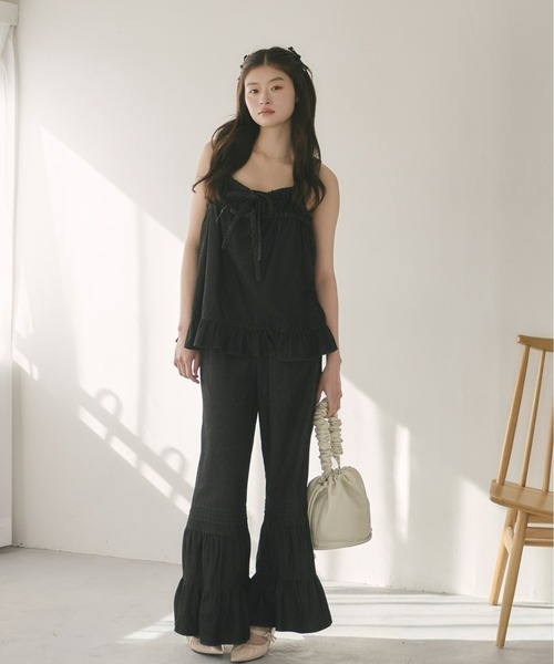 Olu.（オルドット）の「ギャザーフレアバックリボンデニムトップス[セットアップ可能]（Tシャツ/カットソー・レディース・ブラック/インディゴブルー・FREE）」の8枚目の写真