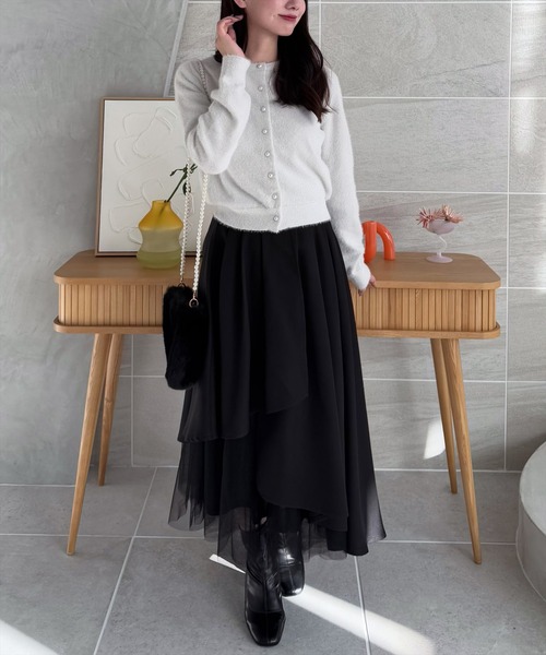 clear（クリア）の「【低身長サイズ有】チュールドッキングアシンメトリースカート[大人綺麗目 華やか 上品]（スカート・レディース・ブラック/ミント/ライトベージュ・F/XS）」の4枚目の写真