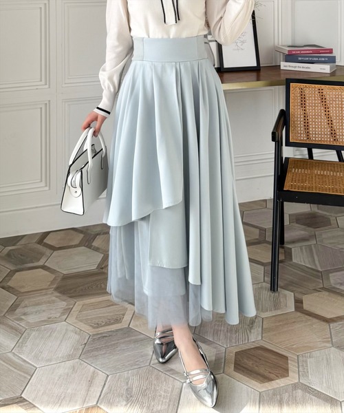 clear（クリア）の「【低身長サイズ有】チュールドッキングアシンメトリースカート[大人綺麗目 華やか 上品]（スカート・レディース・ブラック/ミント/ライトベージュ・F/XS）」の5枚目の写真