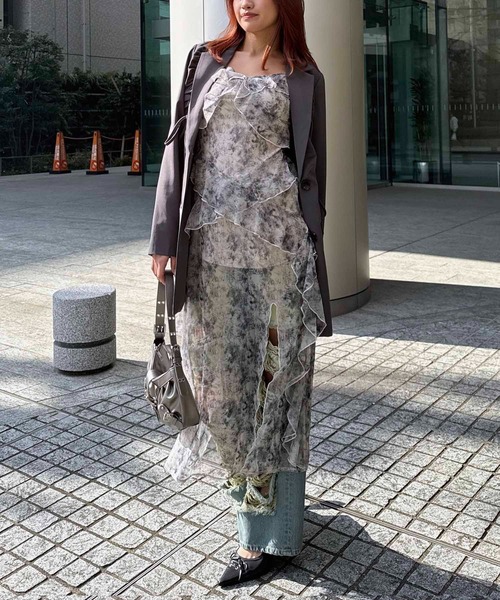 SPIRALGIRL（スパイラルガール）の「マーブルシアーキャミワンピース（ワンピース・レディース・ブラック系/ライトグレー系/ピンク系・FREE）」の12枚目の写真