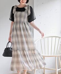 rps | シフォンチェック柄シャーリング肩リボンワンピース(ワンピース)