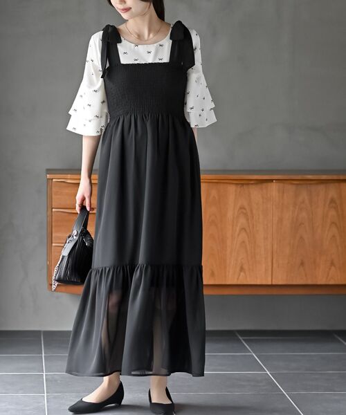 rps（アールピーエス）の「シフォンチェック柄シャーリング肩リボンワンピース（ワンピース・レディース・ブラック/アイボリー/オフホワイト/ブラック系その他2・フリー）」の4枚目の写真