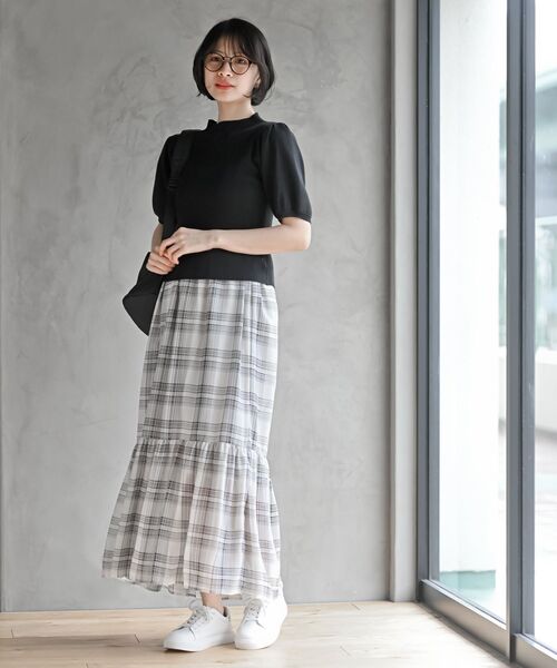 rps（アールピーエス）の「シフォンチェック柄シャーリング肩リボンワンピース（ワンピース・レディース・ブラック/アイボリー/オフホワイト/ブラック系その他2・フリー）」の16枚目の写真