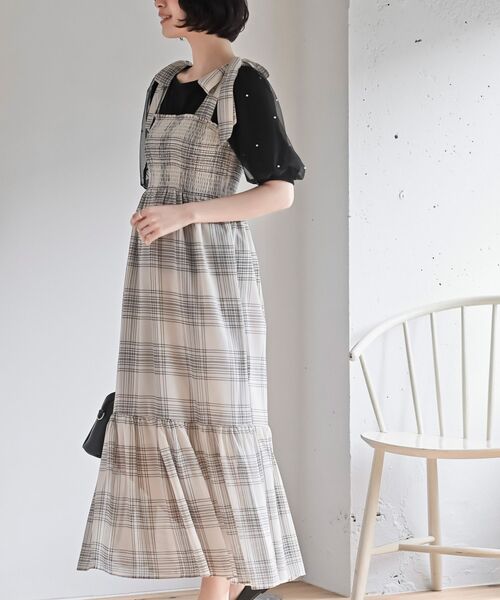 rps（アールピーエス）の「シフォンチェック柄シャーリング肩リボンワンピース（ワンピース・レディース・ブラック/アイボリー/オフホワイト/ブラック系その他2・フリー）」の7枚目の写真