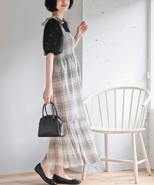 rps（アールピーエス）の「シフォンチェック柄シャーリング肩リボンワンピース（ワンピース・レディース・ブラック/アイボリー/オフホワイト/ブラック系その他2・フリー）」の5枚目の写真