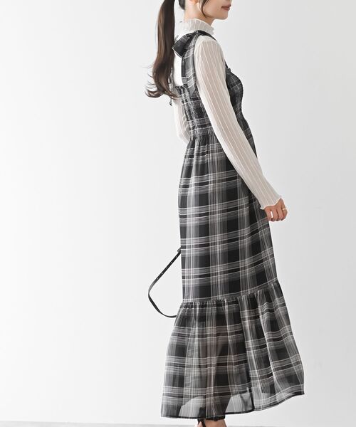 チェック シフォンワンピース シフォンチェック柄シャーリング肩リボンワンピース（ワンピース