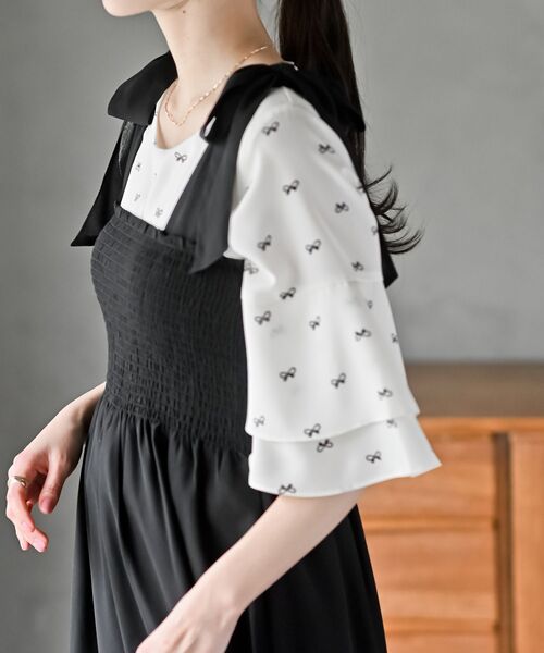 シフォンチェック柄シャーリング肩リボンワンピース（ワンピース