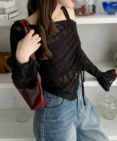 Ada.(エイダ)の「アシンメトリー ネックデザイン ドロスト リボン レーストップス(Tシャツ/カットソー・レディース・オフホワイト/ブラック/ベージュ/ピンク・M/L)」の6枚目の写真