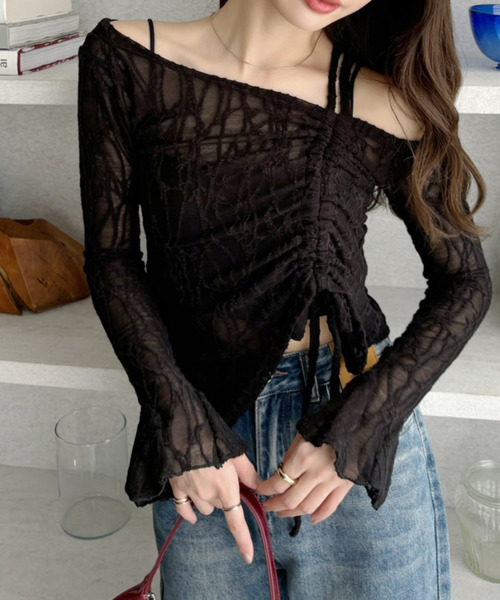 Ada.(エイダ)の「アシンメトリー ネックデザイン ドロスト リボン レーストップス(Tシャツ/カットソー・レディース・オフホワイト/ブラック/ベージュ/ピンク・M/L)」の10枚目の写真