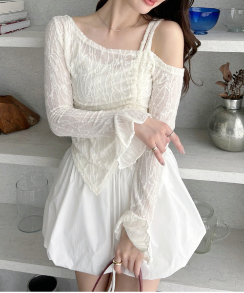 アシンメトリー ネックデザイン ドロスト リボン レーストップス（T