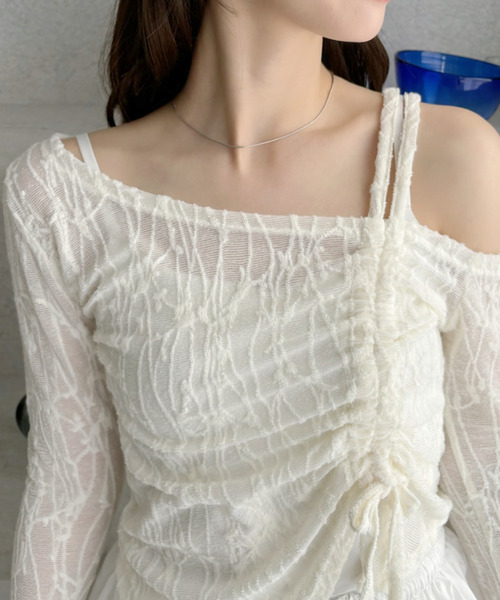 Ada.(エイダ)の「アシンメトリー ネックデザイン ドロスト リボン レーストップス(Tシャツ/カットソー・レディース・オフホワイト/ブラック/ベージュ/ピンク・M/L)」の19枚目の写真