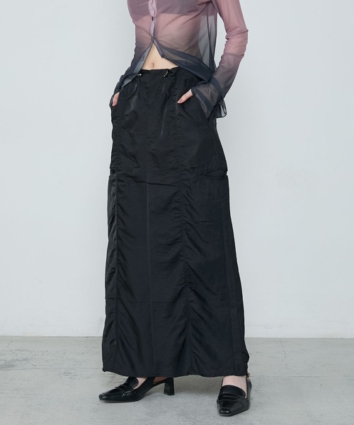 Nylon twill gathered narrow skirt / ナイロンツイル ギャザー