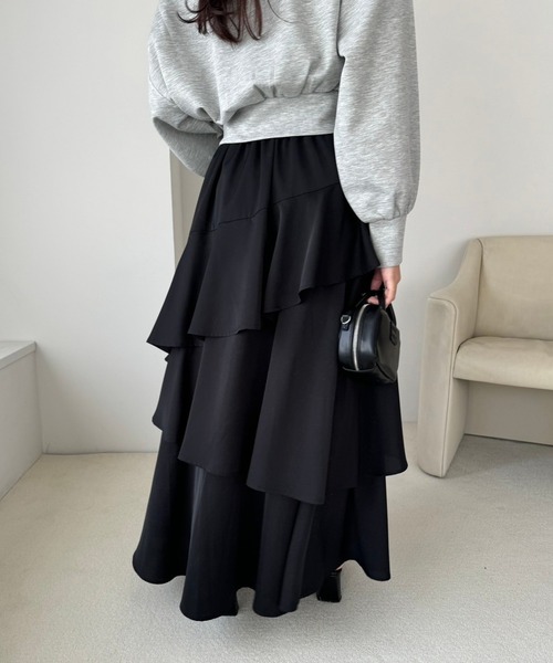 one after another NICE CLAUP（ワンアフターアナザーナイスクラップ）の「ティアードロングスカート（スカート・レディース・ブラック/アイボリー/グレー・FREE）」の7枚目の写真