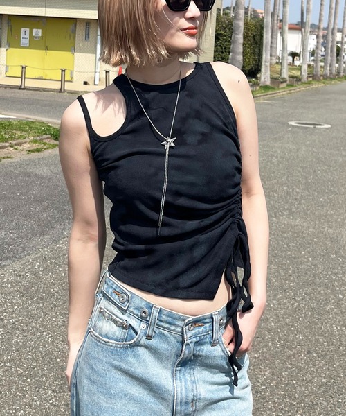 SPIRALGIRL（スパイラルガール）の「サイドギャザーアメスリトップス（タンクトップ・レディース・グリーン/ブラック/ホワイト・FREE）」の6枚目の写真