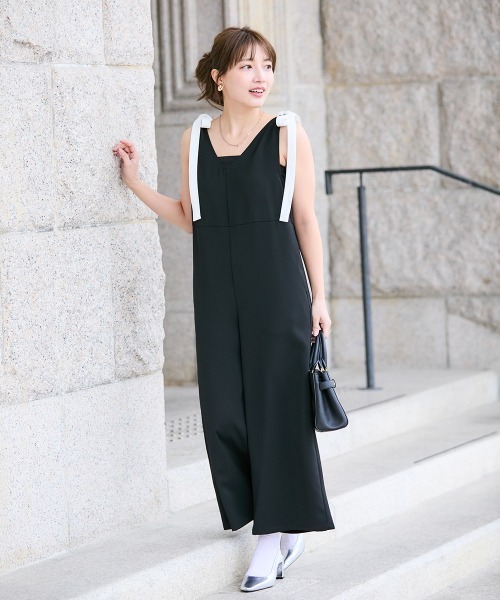 Petitjo（プッチージョ）の「小さいサイズ　【hiiさんコラボ】肩リボン付きオールインワン　低身長さん・小柄女性（つなぎ/オールインワン・レディース・ブラック/ネイビー・PSS/PS/PM）」の2枚目の写真