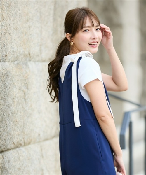Petitjo（プッチージョ）の「小さいサイズ　【hiiさんコラボ】肩リボン付きオールインワン　低身長さん・小柄女性（つなぎ/オールインワン・レディース・ブラック/ネイビー・PSS/PS/PM）」の3枚目の写真