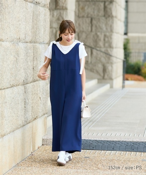 Petitjo（プッチージョ）の「小さいサイズ　【hiiさんコラボ】肩リボン付きオールインワン　低身長さん・小柄女性（つなぎ/オールインワン・レディース・ブラック/ネイビー・PSS/PS/PM）」の4枚目の写真