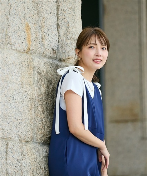 Petitjo（プッチージョ）の「小さいサイズ　【hiiさんコラボ】肩リボン付きオールインワン　低身長さん・小柄女性（つなぎ/オールインワン・レディース・ブラック/ネイビー・PSS/PS/PM）」の8枚目の写真