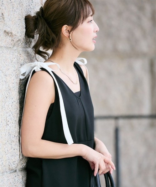 Petitjo（プッチージョ）の「小さいサイズ　【hiiさんコラボ】肩リボン付きオールインワン　低身長さん・小柄女性（つなぎ/オールインワン・レディース・ブラック/ネイビー・PSS/PS/PM）」の12枚目の写真