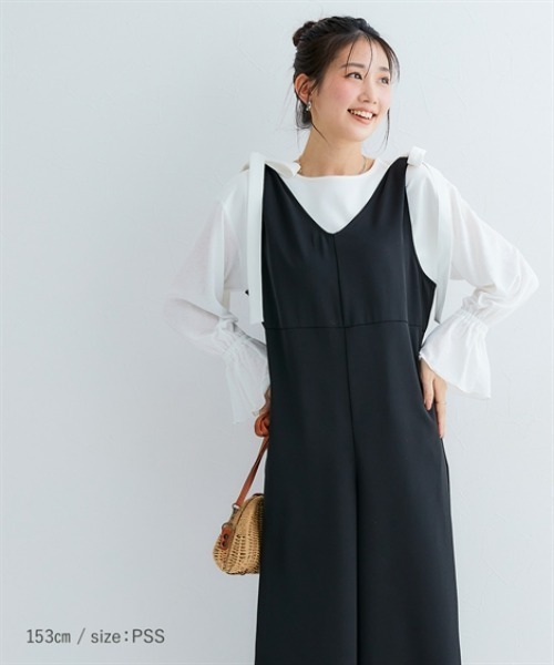 Petitjo（プッチージョ）の「小さいサイズ　【hiiさんコラボ】肩リボン付きオールインワン　低身長さん・小柄女性（つなぎ/オールインワン・レディース・ブラック/ネイビー・PSS/PS/PM）」の22枚目の写真