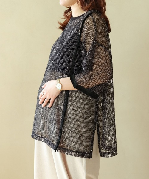 LEPSIM(レプシィム)の「【産前・産後対応】マタニティ/メッシュフリンジ5分袖プルオーバー 329602(その他トップス・レディース・ブラック/カーキ/アイボリー/ブルー・FREE)」の14枚目の写真