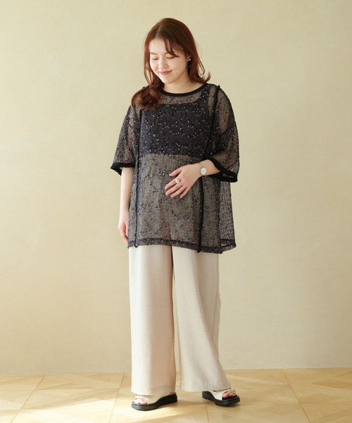 津肥町 専用 セール】【産前・産後対応】マタニティ／メッシュフリンジ5分袖プル