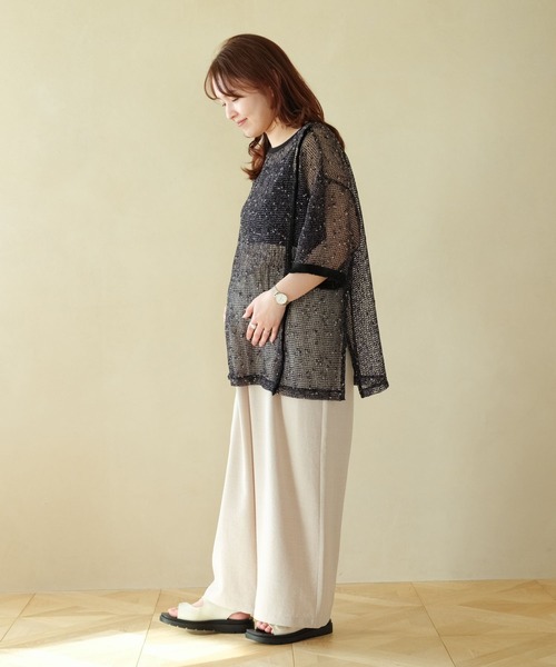 津肥町 専用 セール】【産前・産後対応】マタニティ／メッシュフリンジ5分袖プル