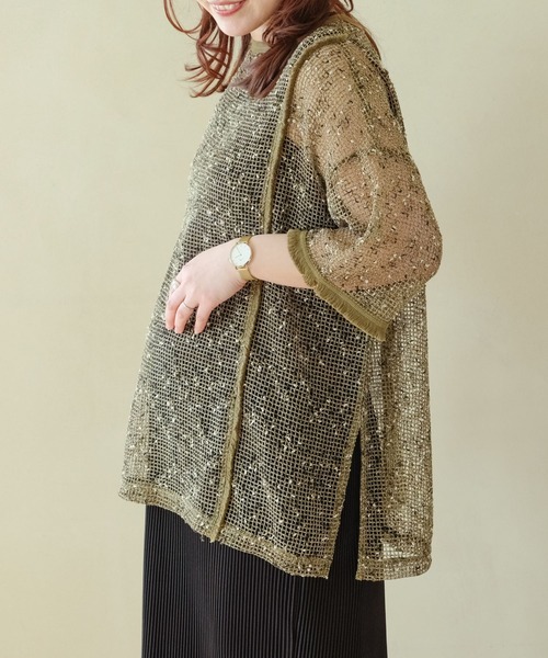 LEPSIM(レプシィム)の「【産前・産後対応】マタニティ/メッシュフリンジ5分袖プルオーバー 329602(その他トップス・レディース・ブラック/カーキ/アイボリー/ブルー・FREE)」の21枚目の写真