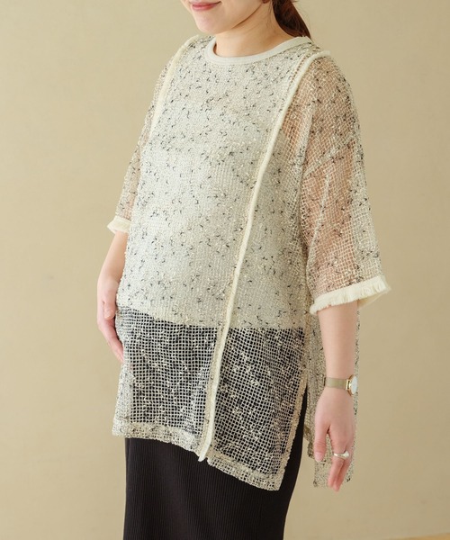 津肥町 専用 セール】【産前・産後対応】マタニティ／メッシュフリンジ5分袖プル