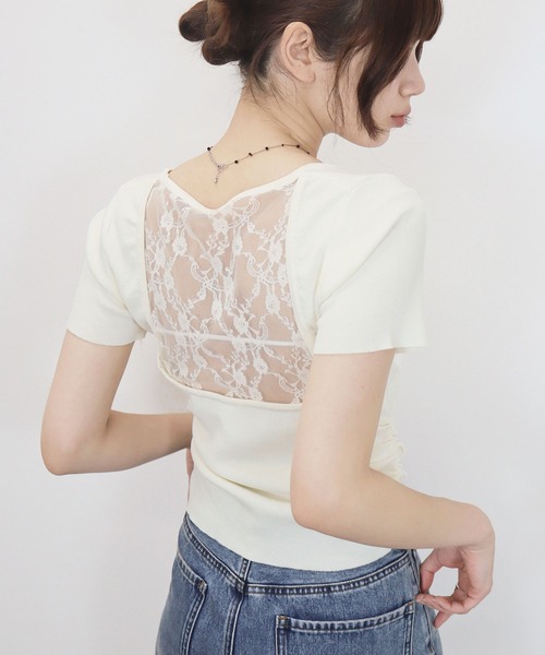 Reurie'(レウリィ)の「【ZOZO限定】バックレーストップ/back lace top 半袖 バックオープン シンプル きれいめ フェミニン ワンホン モード 大人カジュアル(Tシャツ/カットソー・レディース・アイボリー/ブラック・FREE)」の1枚目の写真