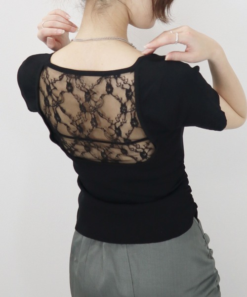 Reurie'(レウリィ)の「【ZOZO限定】バックレーストップ/back lace top 半袖 バックオープン シンプル きれいめ フェミニン ワンホン モード 大人カジュアル(Tシャツ/カットソー・レディース・アイボリー/ブラック・FREE)」の6枚目の写真