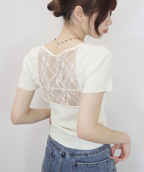 Reurie'(レウリィ)の「【ZOZO限定】バックレーストップ/back lace top 半袖 バックオープン シンプル きれいめ フェミニン ワンホン モード 大人カジュアル(Tシャツ/カットソー・レディース・アイボリー/ブラック・FREE)」の14枚目の写真
