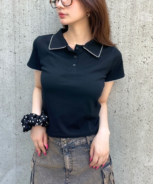 3.3 Field Trip （3.3フィールドトリップ）の「3.3 Field Trip／襟フリルポロT（Tシャツ/カットソー・レディース・ネイビー/ホワイト/ブラック・FREE）」の2枚目の写真