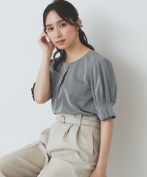 index(インデックス)の「ストライプジャージタックスリーブトップス【吸水速乾/洗濯機洗い可】(Tシャツ/カットソー・レディース・ブルー系7/ネイビー系2/ワイン系1/ベージュ系その他6/ブラウン系その他4・36/38/40/42)」の4枚目の写真