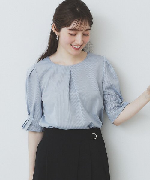 index(インデックス)の「ストライプジャージタックスリーブトップス【吸水速乾/洗濯機洗い可】(Tシャツ/カットソー・レディース・ブルー系7/ネイビー系2/ワイン系1/ベージュ系その他6/ブラウン系その他4・36/38/40/42)」の5枚目の写真