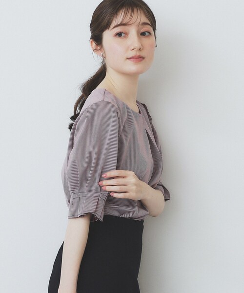 index(インデックス)の「ストライプジャージタックスリーブトップス【吸水速乾/洗濯機洗い可】(Tシャツ/カットソー・レディース・ブルー系7/ネイビー系2/ワイン系1/ベージュ系その他6/ブラウン系その他4・36/38/40/42)」の1枚目の写真
