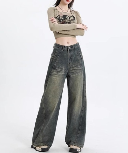 yuue' ( wear )（ユーイ）の「ヴィンテージライクウォッシュ加工ワイドデニムパンツ（デニムパンツ・レディース・ブルー系その他・L/M/S）」の8枚目の写真
