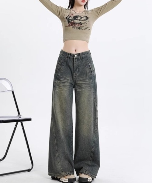 yuue' ( wear )（ユーイ）の「ヴィンテージライクウォッシュ加工ワイドデニムパンツ（デニムパンツ・レディース・ブルー系その他・L/M/S）」の9枚目の写真