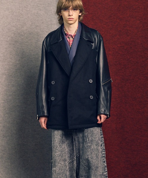 UNISEX》Sheep Leather Melton Combination Pea Coat/シープレザー