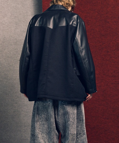 UNISEX》Sheep Leather Melton Combination Pea Coat/シープレザー
