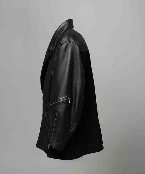 UNISEX》Sheep Leather Melton Combination Pea Coat/シープレザー