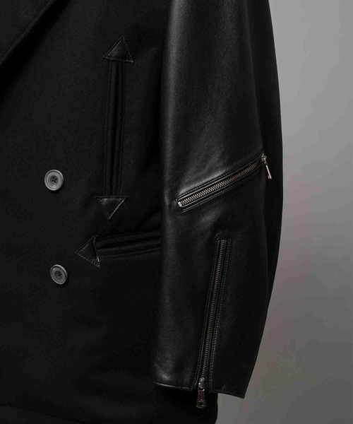 UNISEX》Sheep Leather Melton Combination Pea Coat/シープレザー